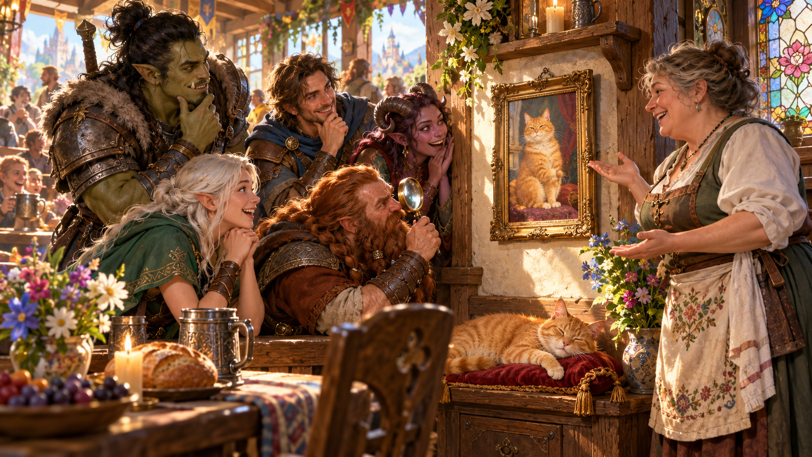 Illustration of an innkeeper explaining a cat portrait to curious companions while the same orange cat sleeps beneath it